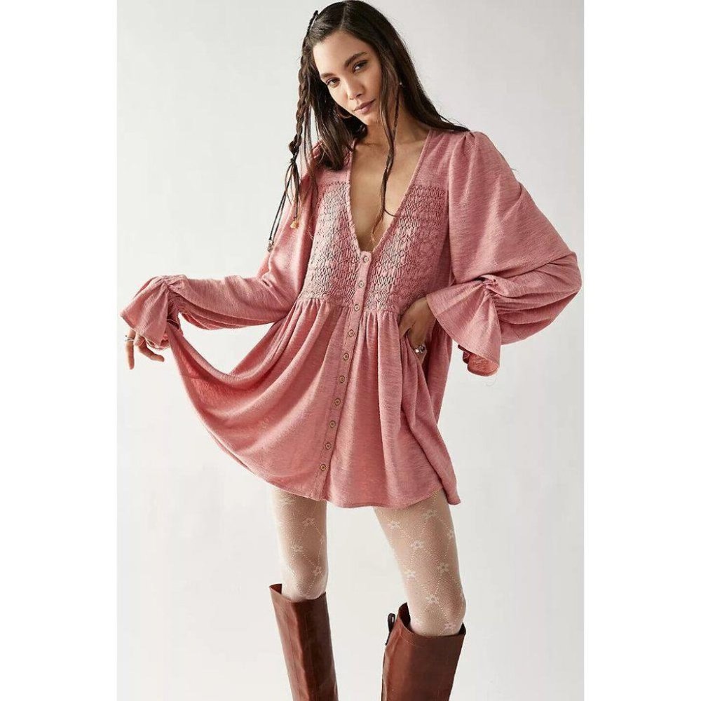 Free People Dusty Rose Smocked Mini Dress